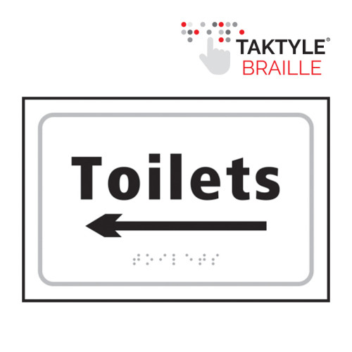 'Toilets Arrow Left' Sign, Self Adhesive Taktyle, White (225mm x 150mm)