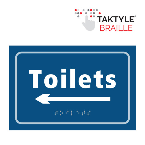 'Toilets Arrow Left' Sign, Self Adhesive Taktyle, Blue (225mm x 150mm)