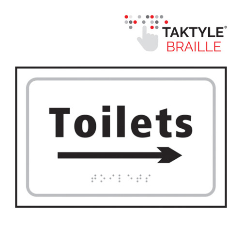 'Toilets Arrow Right' Sign, Self Adhesive Taktyle, White (225mm x 150mm)