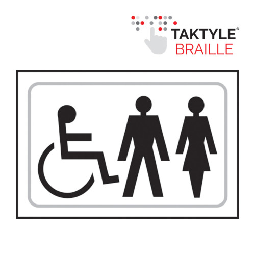 'Disabled / Ladies / Gentlemen Graphic' Sign, Self Adhesive Taktyle, White (225mm x 150mm)