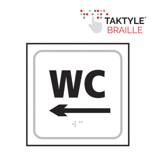 'Wc Arrow Left' Sign, Self Adhesive Taktyle, White (150mm x 150mm)