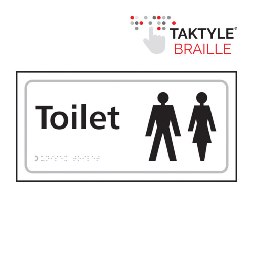 'Toilet (Ladies/Gents Symbol)' Sign, Self Adhesive Taktyle, White (300mm x 150mm)