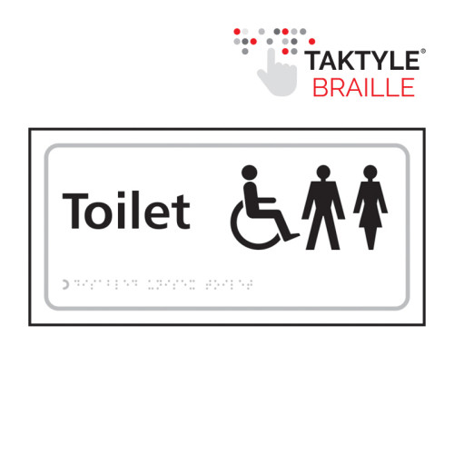 'Toilet (Disabled / Gents / Ladies)' Sign, Self Adhesive Taktyle, White (300mm x 150mm)