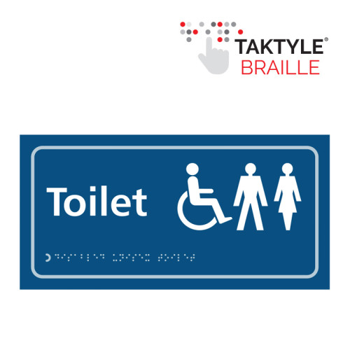 'Toilet (Disabled / Gents / Ladies)' Sign, Self Adhesive Taktyle, Blue (300mm x 150mm)