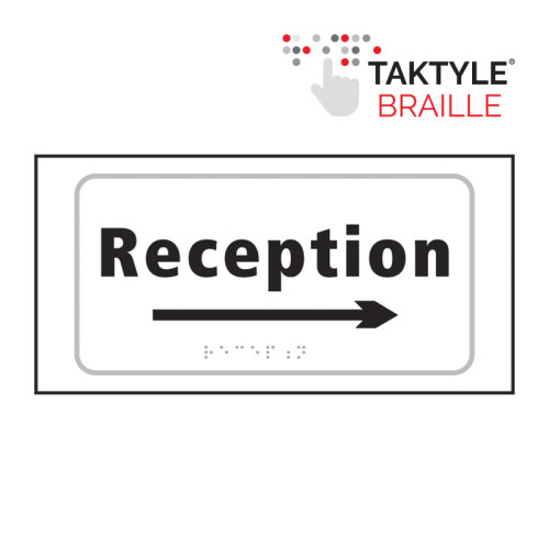 'Reception Arrow Right' Sign, Self Adhesive Taktyle, White (300mm x 150mm)