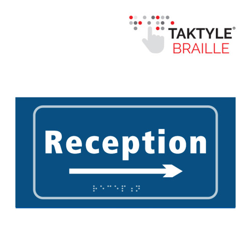 'Reception Arrow Right' Sign, Self Adhesive Taktyle, Blue (300mm x 150mm)