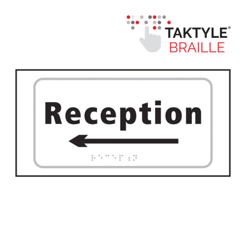 'Reception Arrow Left' Sign, Self Adhesive Taktyle, White (300mm x 150mm)