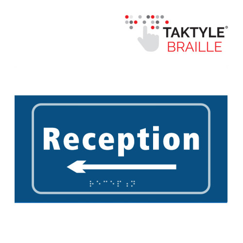 'Reception Arrow Left' Sign, Self Adhesive Taktyle, Blue (300mm x 150mm)