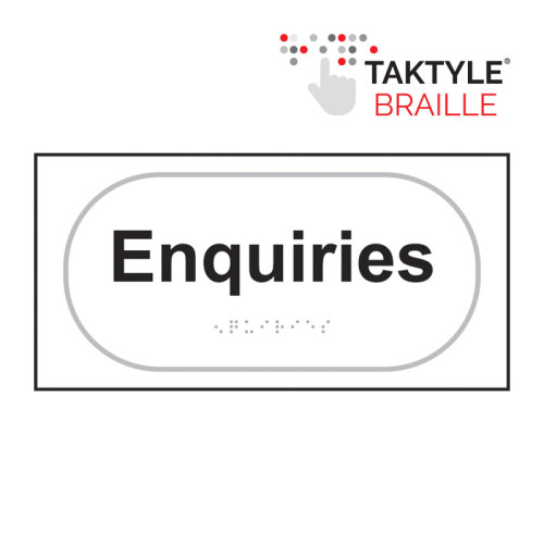 'Enquiries' Sign, Self Adhesive Taktyle, White (300mm x 150mm)