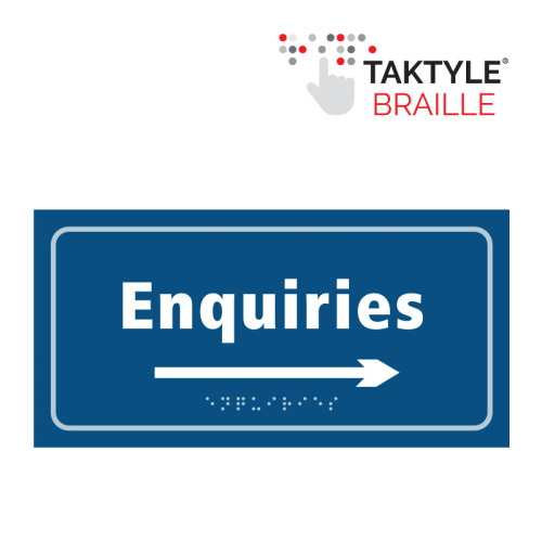 'Enquiries Arrow Right' Sign, Self Adhesive Taktyle, Blue (300mm x 150mm)