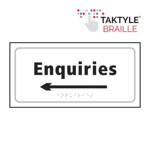 'Enquiries Arrow Left' Sign, Self Adhesive Taktyle, White (300mm x 150mm)