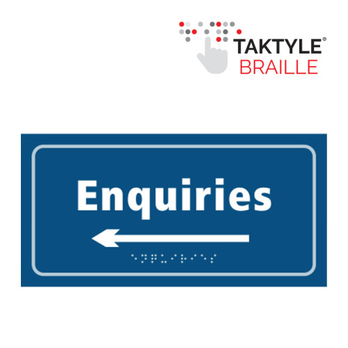 'Enquiries Arrow Left' Sign, Self Adhesive Taktyle, Blue (300mm x 150mm)