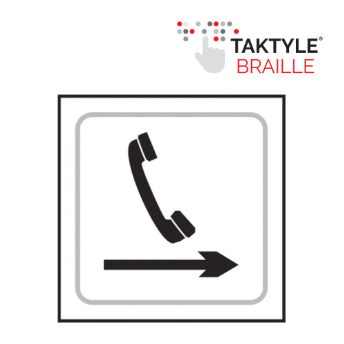 'Telephone Graphic Arrow Right' Sign, Self Adhesive Taktyle, White (150mm x 150mm)