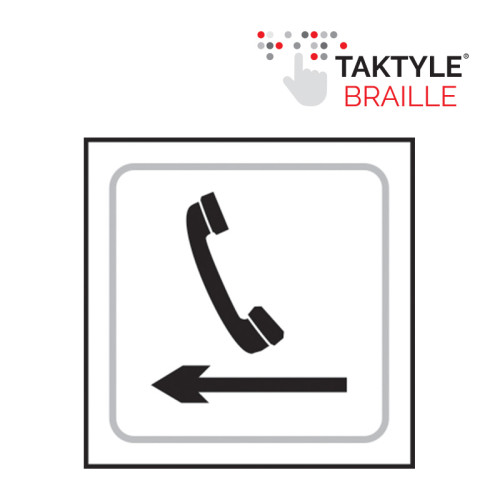 'Telephone Graphic Arrow Left' Sign, Self Adhesive Taktyle, White (150mm x 150mm)