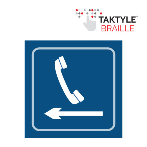 'Telephone Graphic Arrow Left' Sign, Self Adhesive Taktyle, Blue (150mm x 150mm)