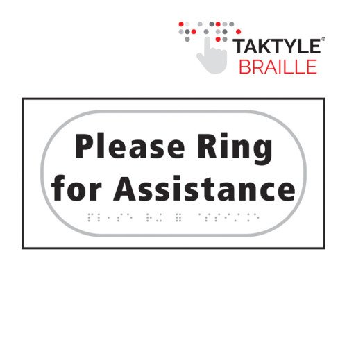 'Please Ring For Assistance' Sign, Self Adhesive Taktyle, White (300mm x 150mm)