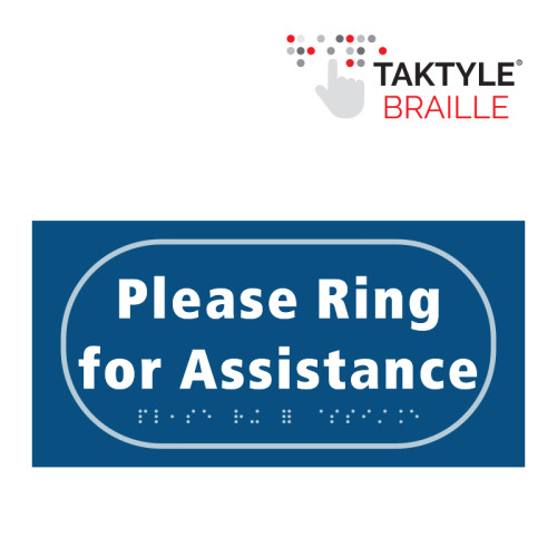 'Please Ring For Assistance' Sign, Self Adhesive Taktyle, Blue (300mm x 150mm)