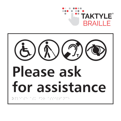 'Please Ask For Assistance' Sign, Self Adhesive Taktyle, White (300mm x 200mm)