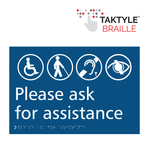 'Please Ask For Assistance' Sign, Self Adhesive Taktyle, Blue (300mm x 200mm)