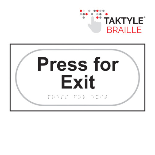 'Press For Exit' Sign, Self Adhesive Taktyle, White (300mm x 150mm)