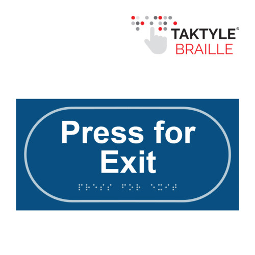 'Press For Exit' Sign, Self Adhesive Taktyle, Blue (300mm x 150mm)