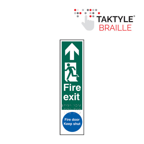 'Fire Exit Man Left Arrow Up / Fire Door Keep Shut' Sign, Self Adhesive Taktyle (75mm x 300mm)