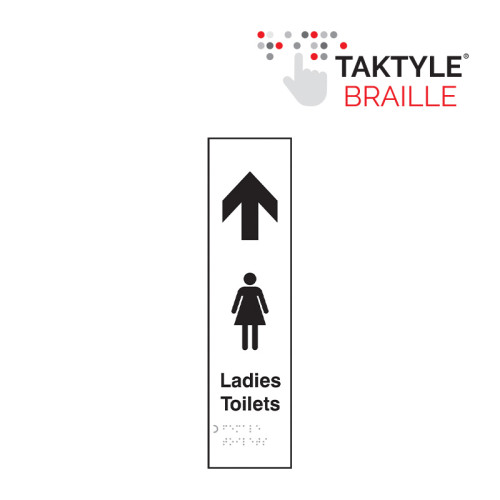 'Ladies Toilets Arrow Up' Sign, Self Adhesive Taktyle, (75mm x 300mm)