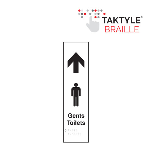 'Gents Toilets Arrow Up' Sign, Self Adhesive Taktyle, (75mm x 300mm)