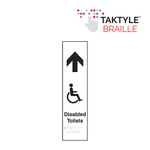 'Disabled Toilets Arrow Up (with graphic)' Sign, Self Adhesive Taktyle, (75mm x 300mm)