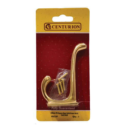 100mm School Style Solid Brass Hat & Coat Hook - Polished Brass - Pack Qty 1