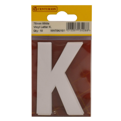 White Bold Condensed Style Vinyl Letter K WH75K/10