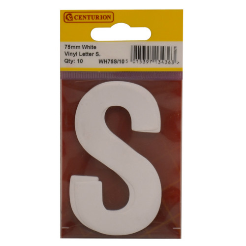 White Bold Condensed Style Vinyl Letter S WH75S/10