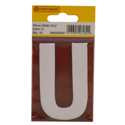 White Bold Condensed Style Vinyl Letter U WH75UP