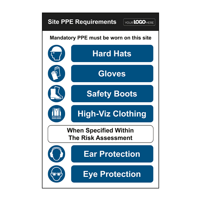 Construction site personal protective equipment requirements sign showing mandatory protective gear