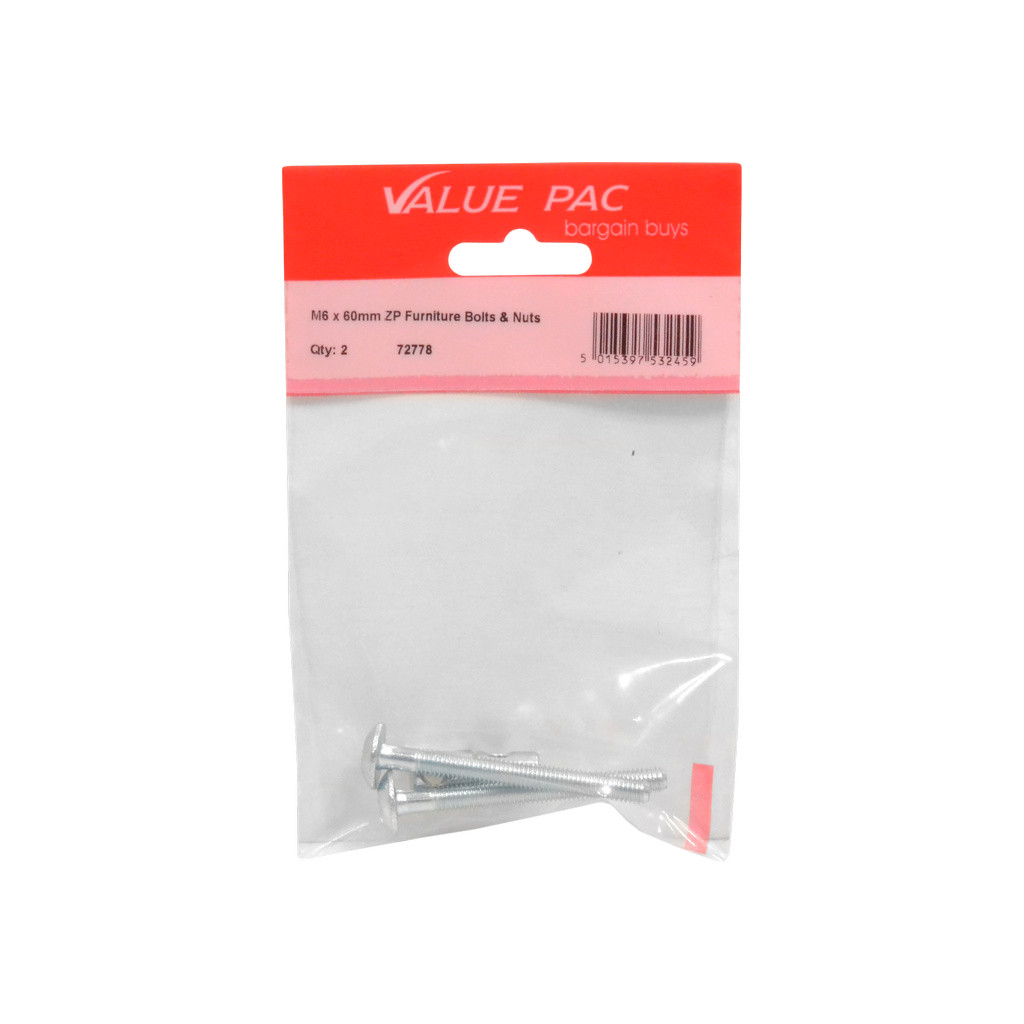 Centurion M6 x 60mm ZP Furniture Bolts & Nuts 2pk
