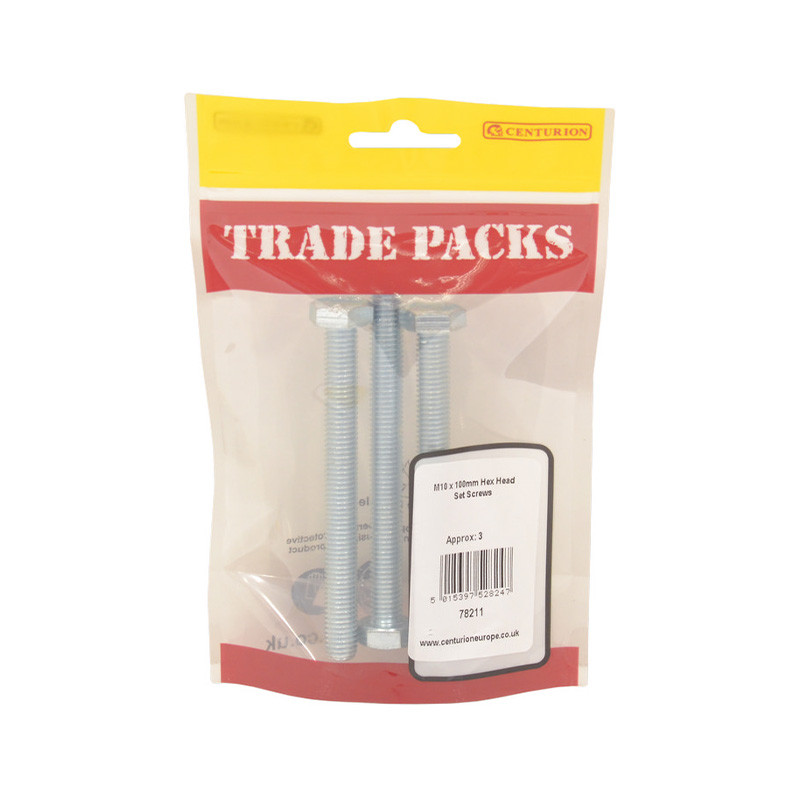 Centurion Hex Head Set Screws ZP M10 x 100mm (3 PK), 78211