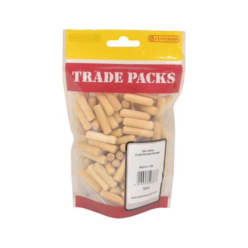 Centurion Fluted Wooden Dowels Wood M8 x 30mm (120 PK), 78253