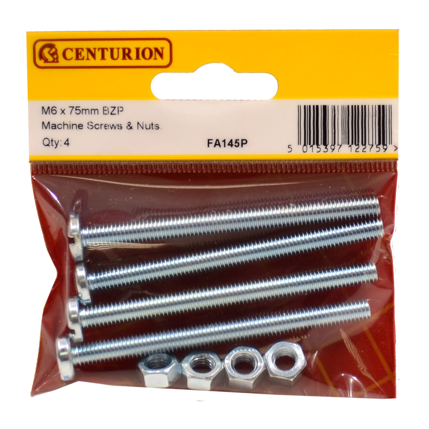 Centurion M6 x 75mm ZP Machine Screws & Nuts (Pack of 4), FA145P