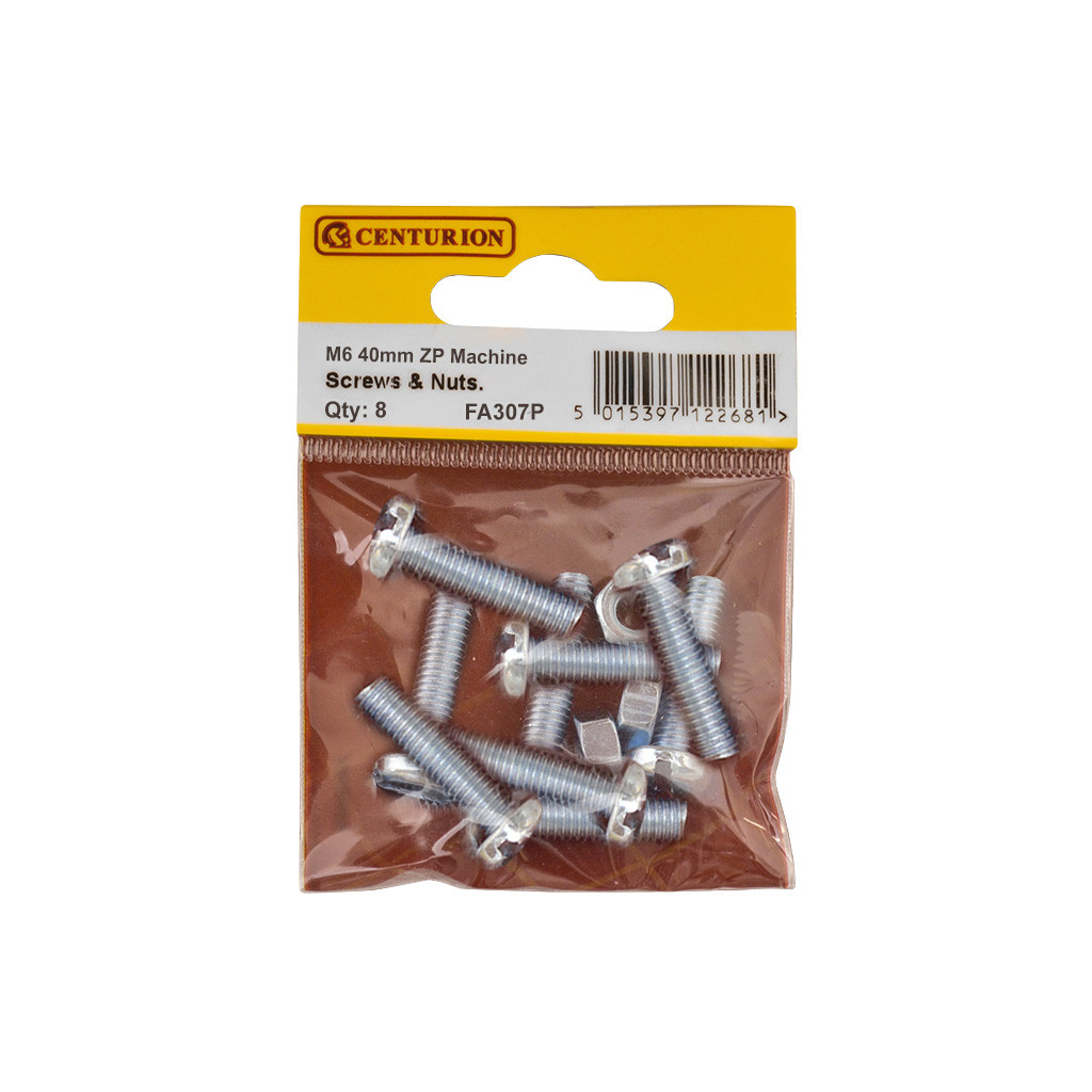 Centurion M6 x 40mm ZP Machine Screws & Nuts (Pack of 8), FA307P